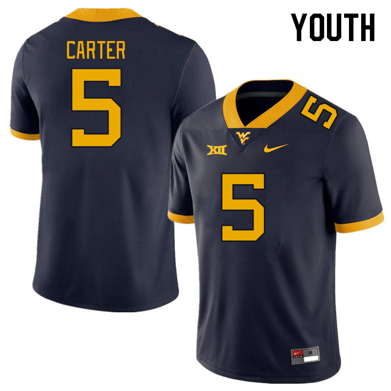 Youth #5 Devin Carter West Virginia Mountaineers College Football Jerseys Stitched Sale-Navy - Click Image to Close